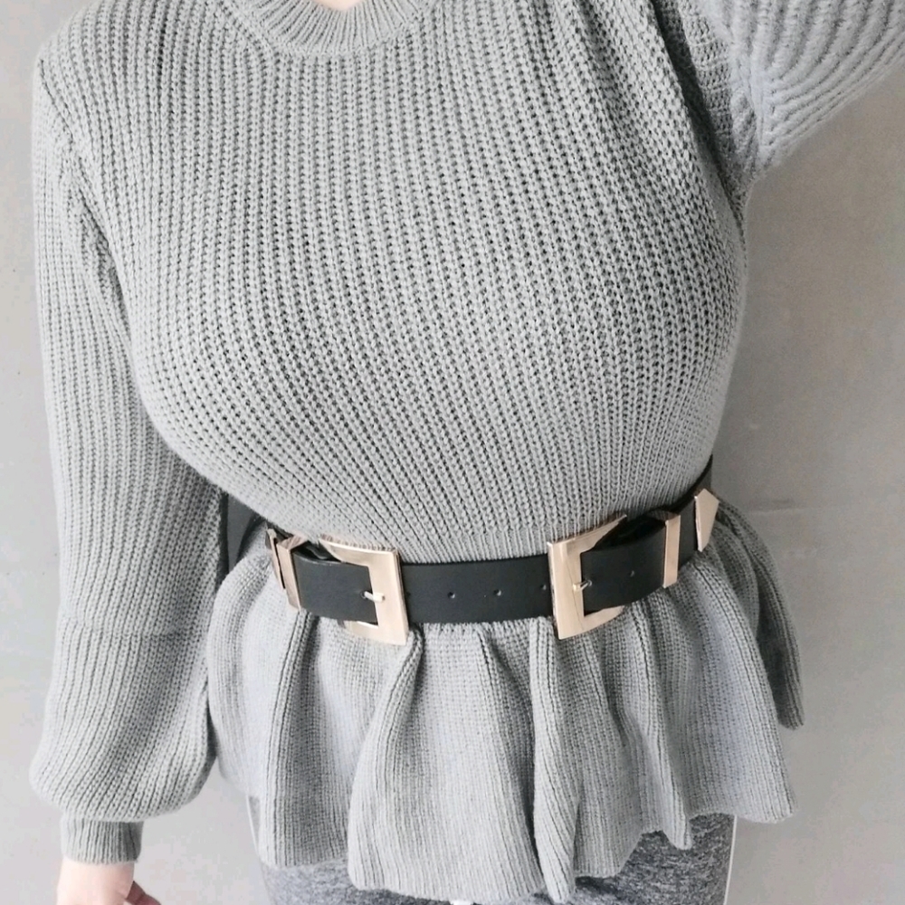 Gold Chunky double buckle Black vegan leather wide waist corset belt - Picture 13 of 16